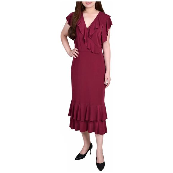 Ny Collection Burgundy Short Flutter Sleeve V-Neck Midi Dress Plus Size 1X - Picture 12 of 12
